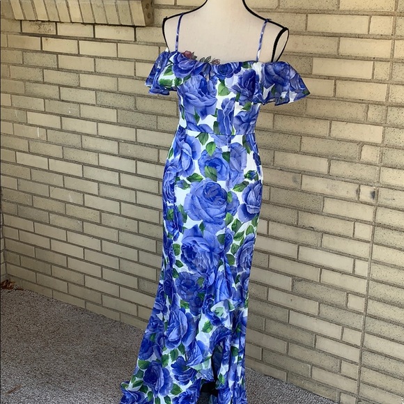 ❌DONATED❌Royal Blue White Floral Off Shoulders Ruffled Lined Maxi Dress - Picture 6 of 17